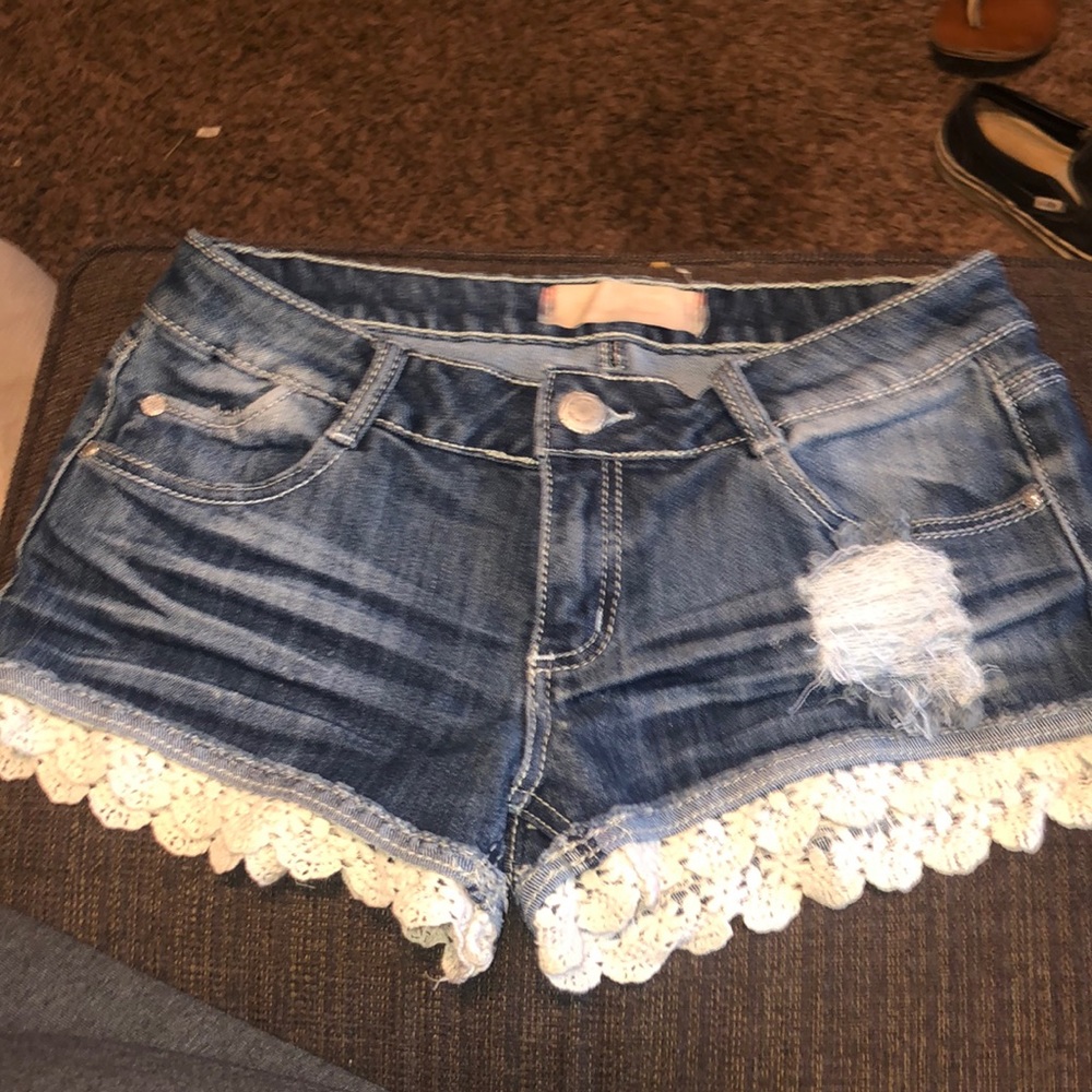 Almost famous blue wash lace jean shorts